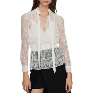 NEW Maje Ecru Lani Tie-neck Lace Smock Blouse Top